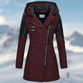 Women's Longline Textured Winter Coat with Wide Hood and Zip Detail - Wine Red