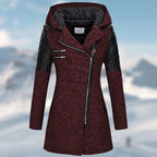Women's Longline Textured Winter Coat with Wide Hood and Zip Detail - Wine Red