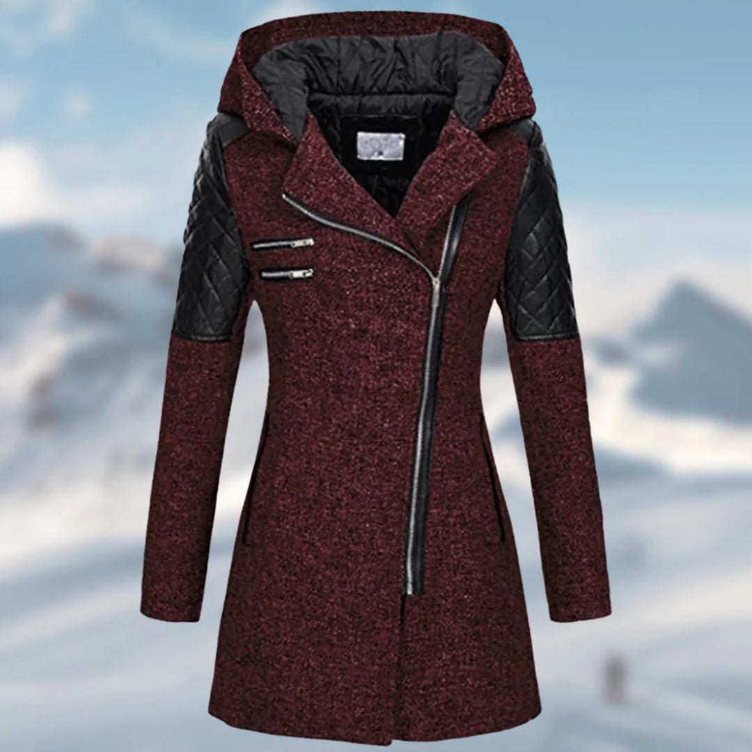 Women's Longline Textured Winter Coat with Wide Hood and Zip Detail - Wine Red