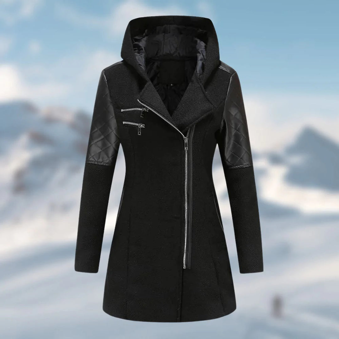 Women's Longline Textured Winter Coat with Wide Hood and Zip Detail - Black