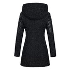 Women's Longline Textured Winter Coat with Wide Hood and Zip Detail