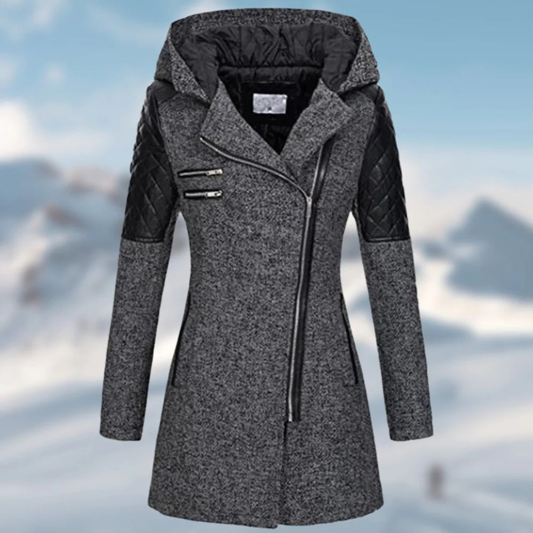 Women's Longline Textured Winter Coat with Wide Hood and Zip Detail - Dark Grey