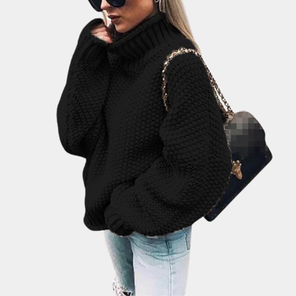 Women's Thick Textured Knit Oversized High-Neck Jumper - Black