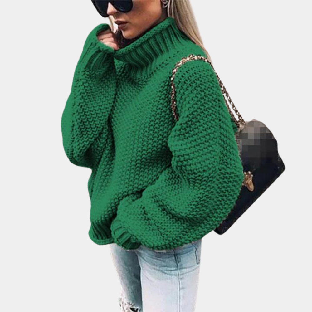 Women's Thick Textured Knit Oversized High-Neck Jumper - Green