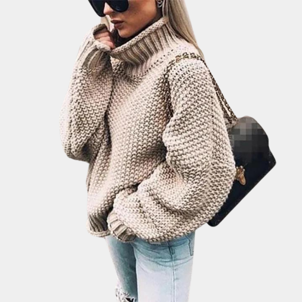 Women's Thick Textured Knit Oversized High-Neck Jumper - Khaki