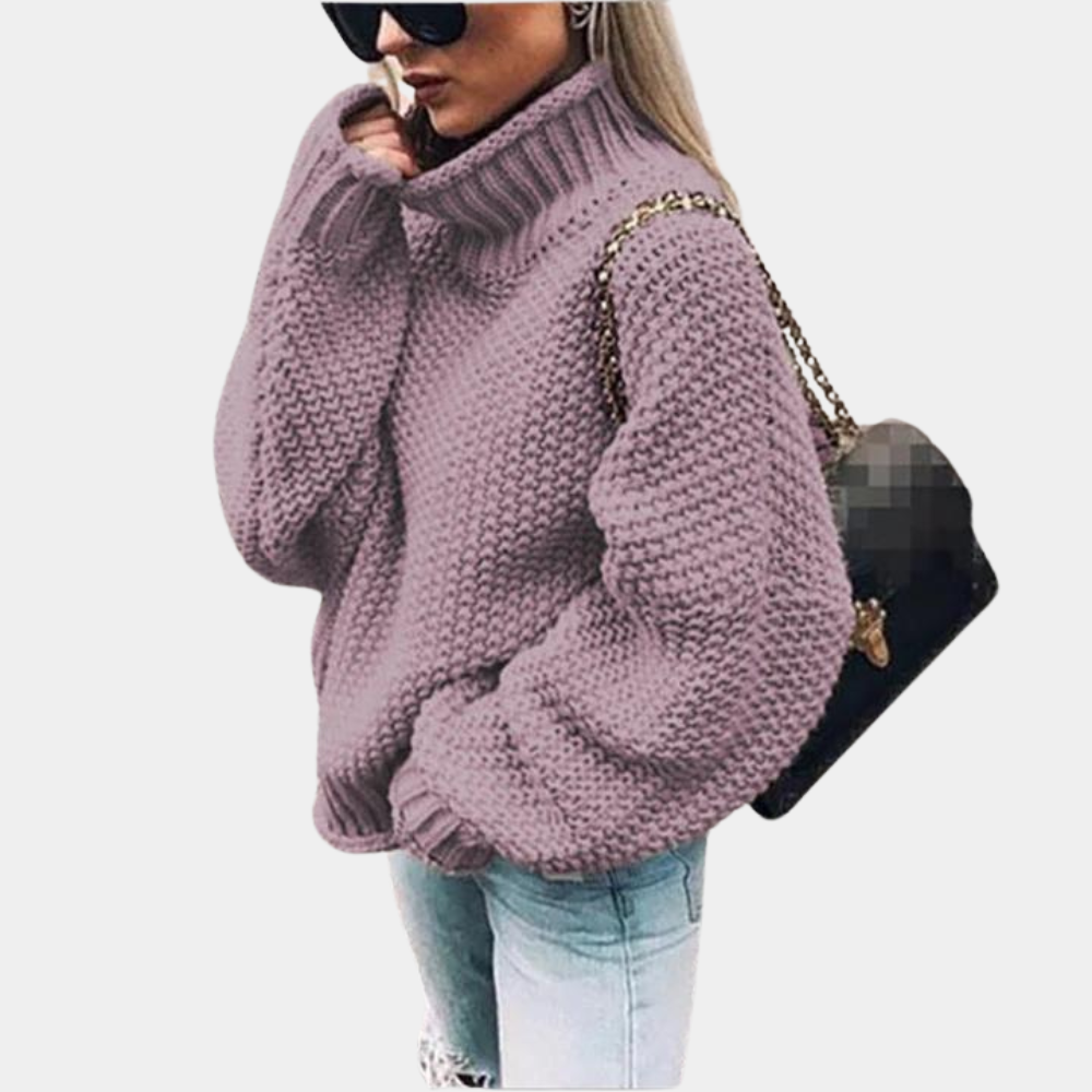 Women's Thick Textured Knit Oversized High-Neck Jumper - Purple