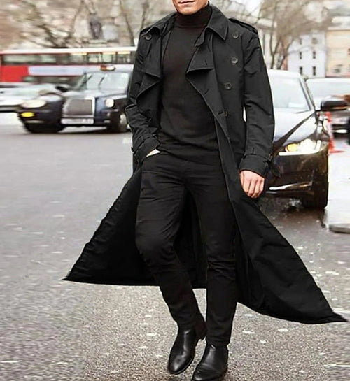 Men's Below-Knee Double-Breasted Trench with Broad Notched Lapels - Black