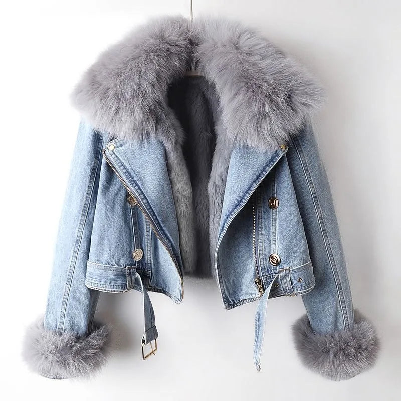 Women's Biker-Style Cropped Denim Jacket with Fluffy Cuffs and Belt - Light Blue