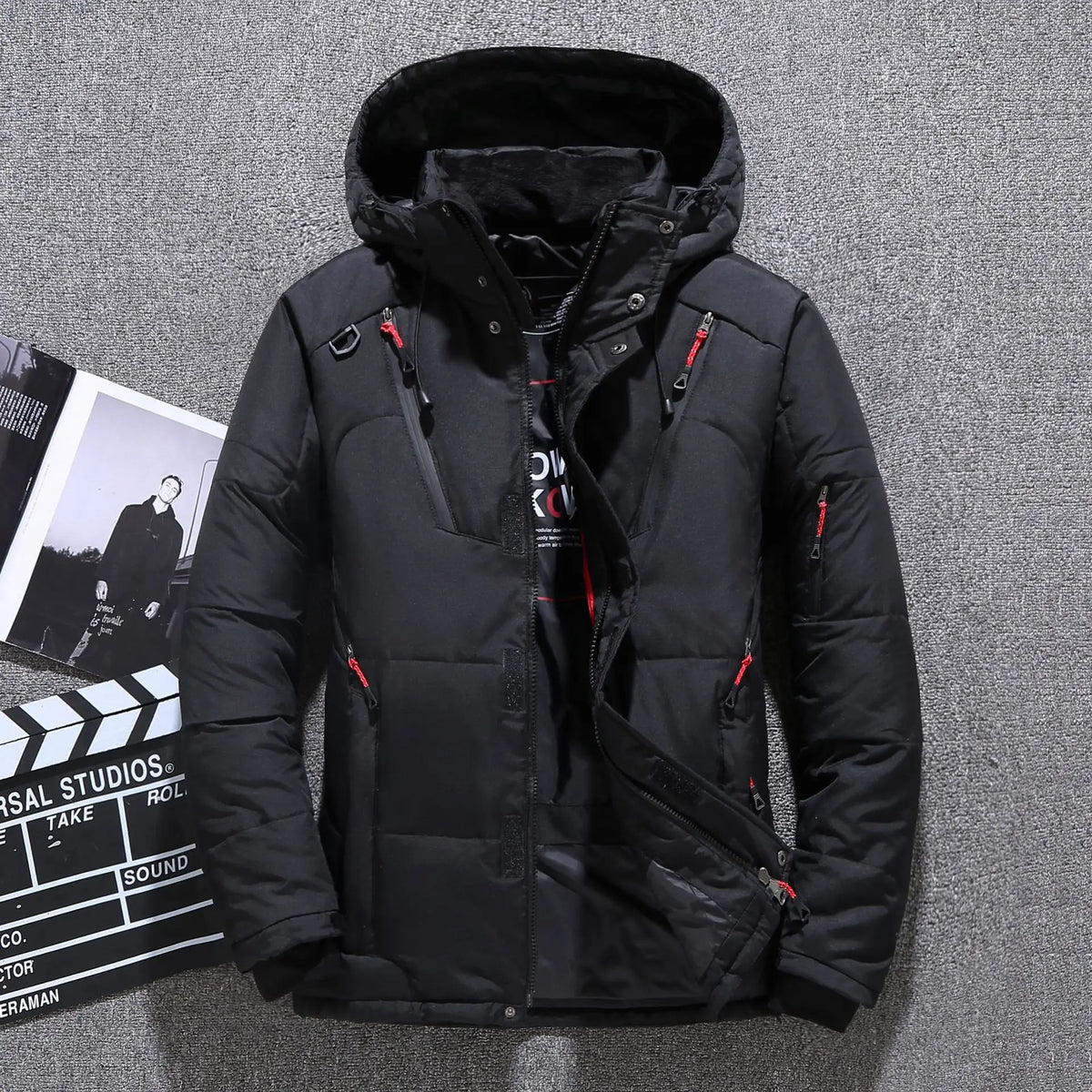 Men's Trim Hooded Down Jacket with Covered Zip and Sleeve Pocket - Black