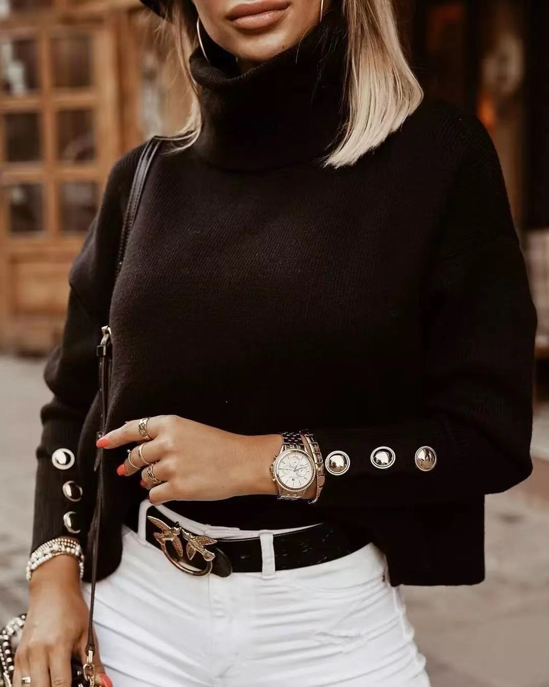 Women's Ribbed Polo Neck Jumper with Buttoned Sleeves - Black