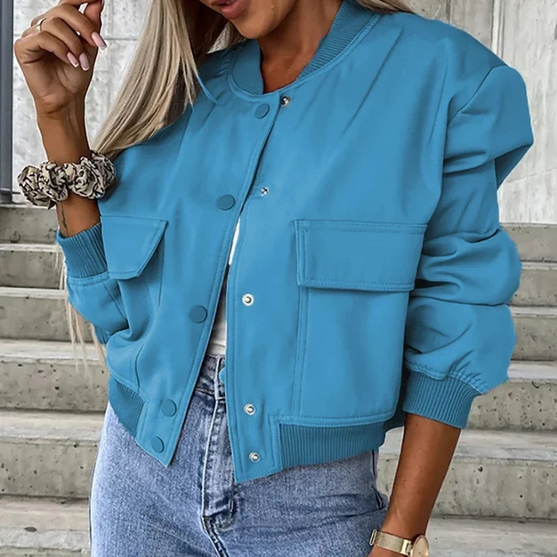 Women's Easy-Fit Snap-Button Bomber with Ribbed Edges
