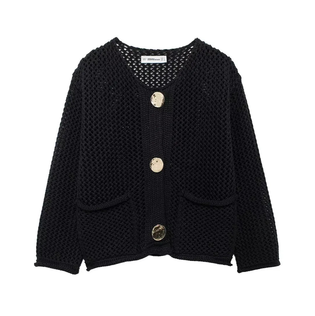 Women's Statement-Button Cropped Knit Cardigan with Round Neck - Black