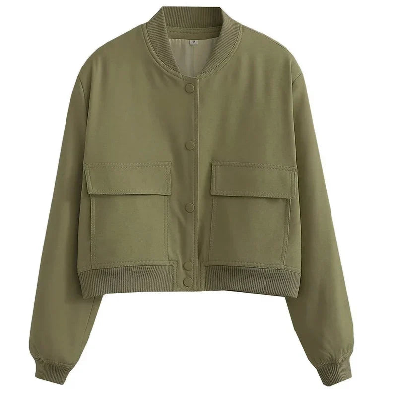 Women's Easy-Fit Snap-Button Bomber with Ribbed Edges - Olive Green