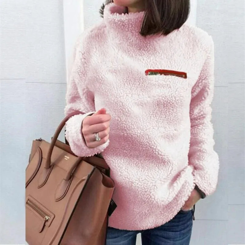 Women's High-Neck Teddy Jumper with Contrast Chest Pocket - Pink