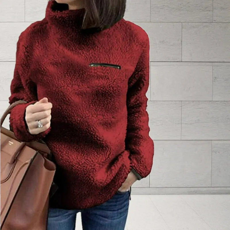 Women's High-Neck Teddy Jumper with Contrast Chest Pocket - Wine Red