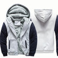 Men's Plush Fleece Full-Zip Hoodie with Ribbed Hem - Light Grey/Navy