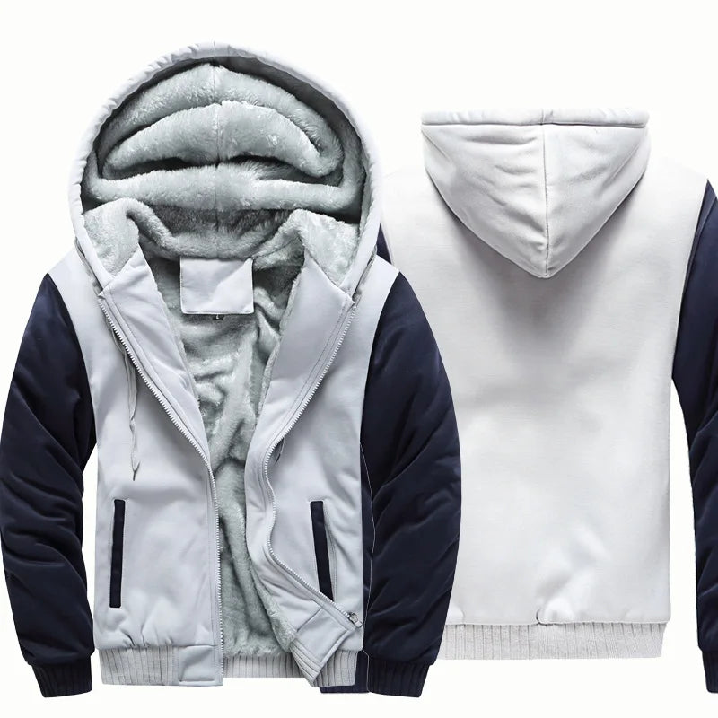 Men's Plush Fleece Full-Zip Hoodie with Ribbed Hem - Light Grey/Navy