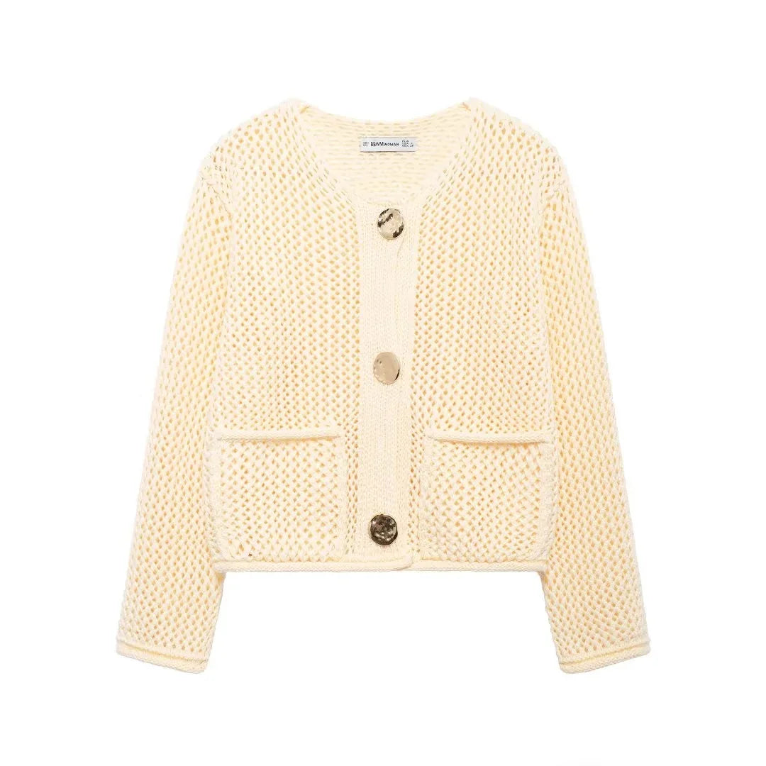 Women's Statement-Button Cropped Knit Cardigan with Round Neck - Beige