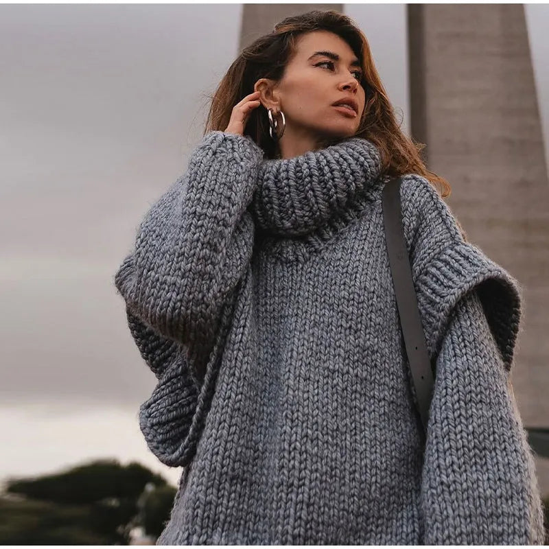 Women's Oversized Chunky Polo Neck Jumper with Ribbed Hem - Grey