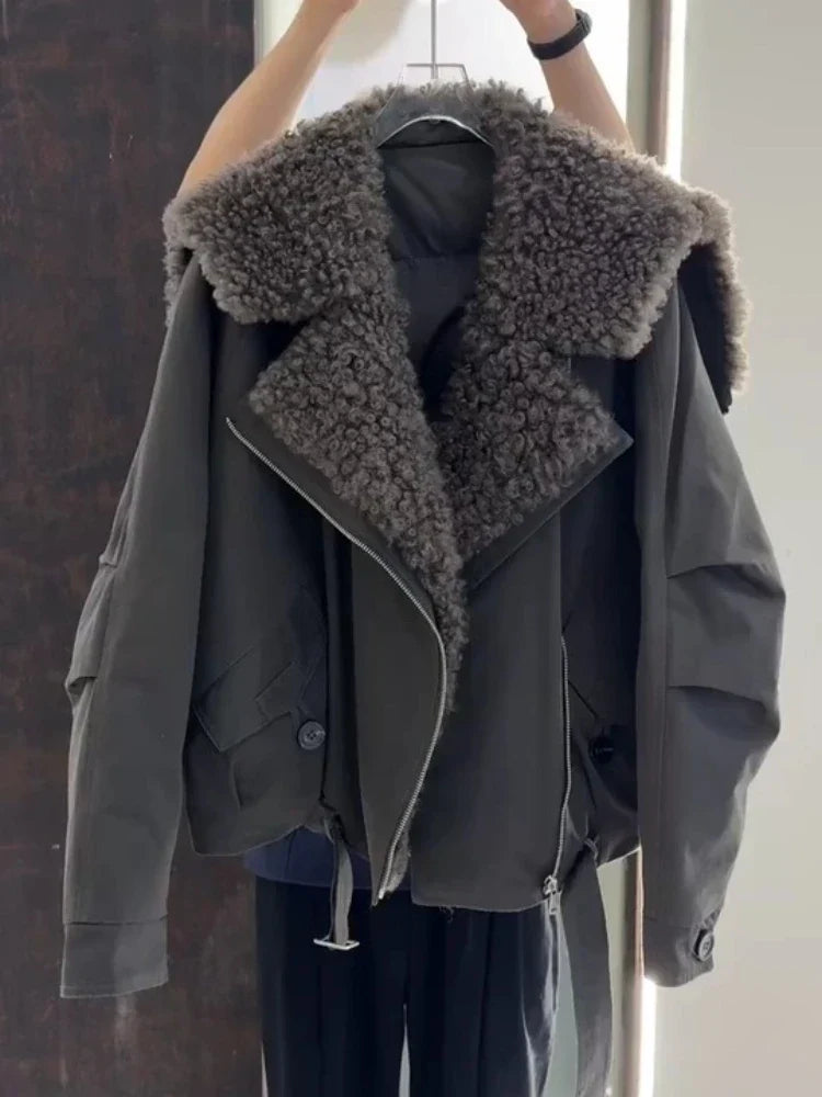 Women's Oversized Biker Jacket with Plush Faux-Fur Collar and Lapels - Dark Grey