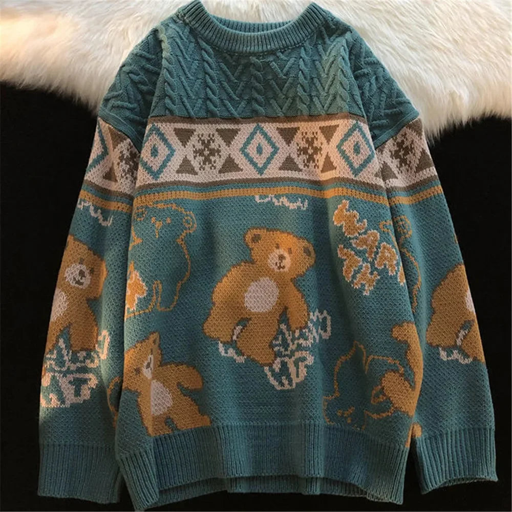 Women's Teddy Bear Print Crew Neck Jumper with Cable Detail - Teal