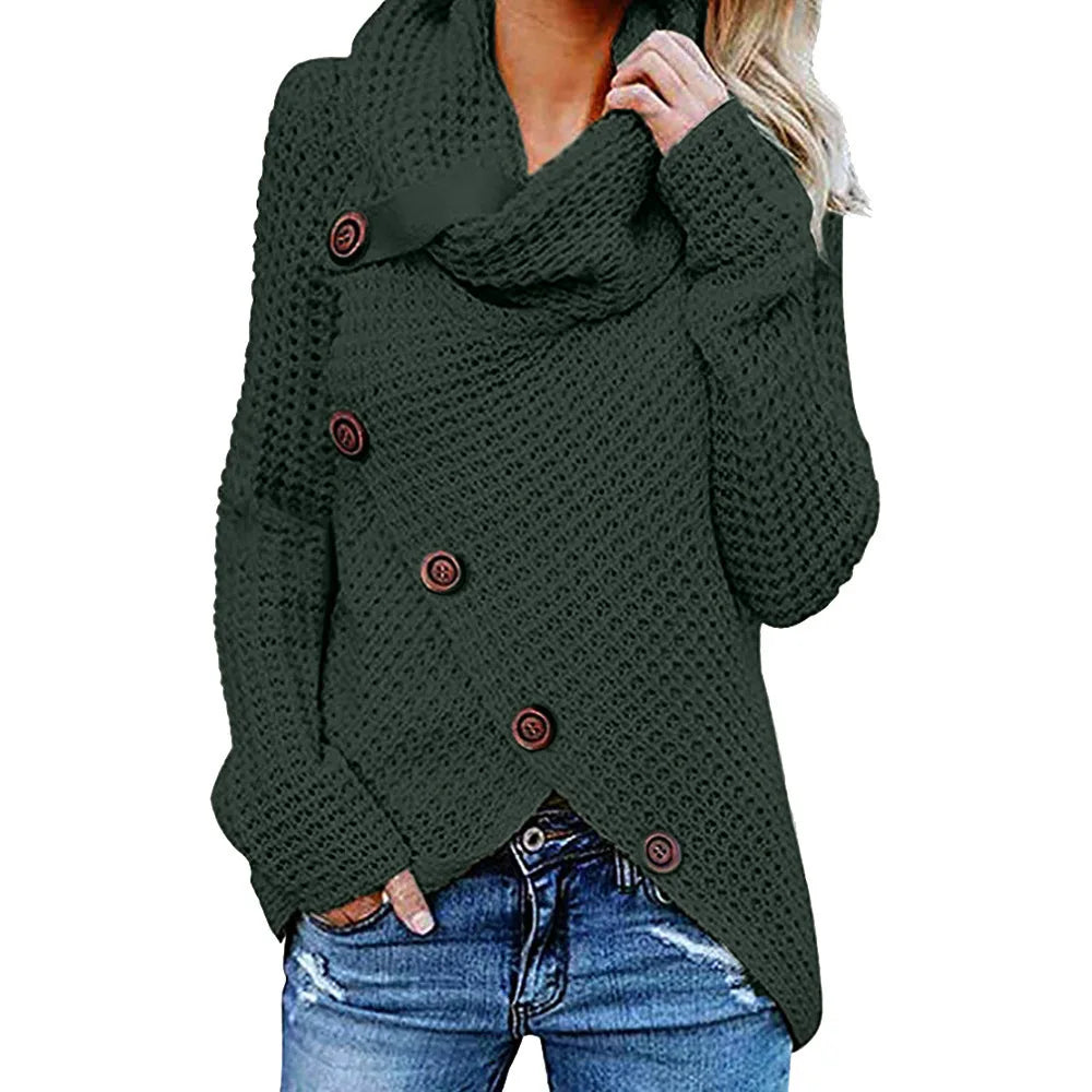 Women's Cowl Neck Chunky Jumper with Button Detail and Uneven Hem - Olive Green
