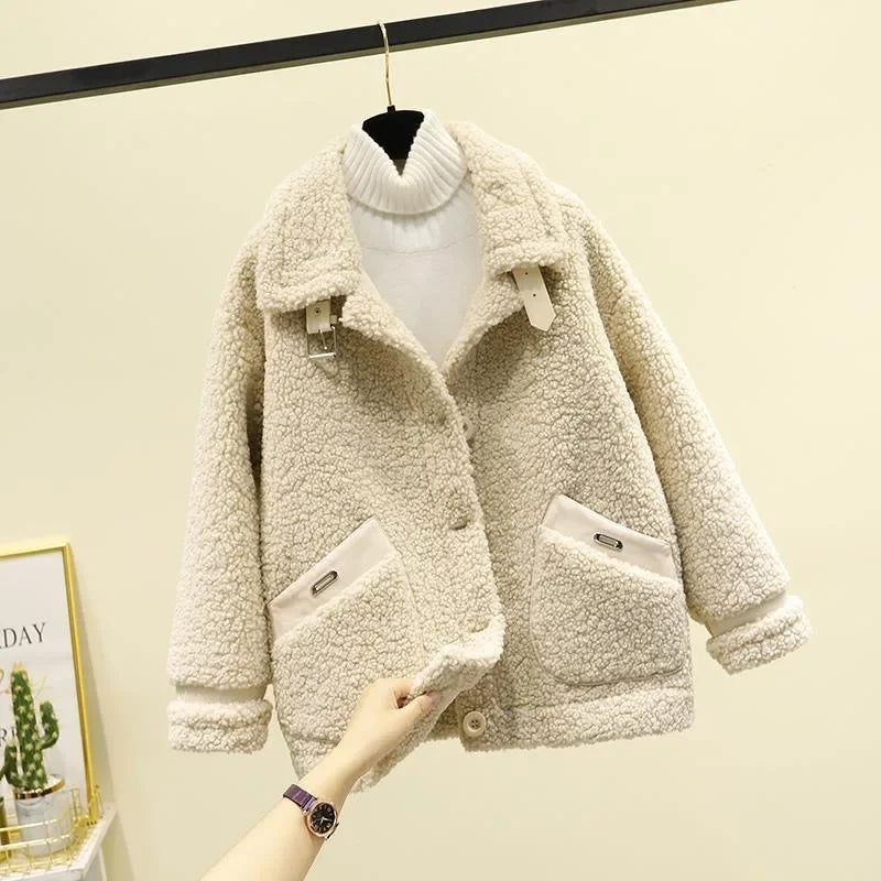 Women's Contrast-Trim Teddy Jacket with Buckled Aviator Collar - Beige