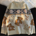 Women's Teddy Bear Print Crew Neck Jumper with Cable Detail - Cream