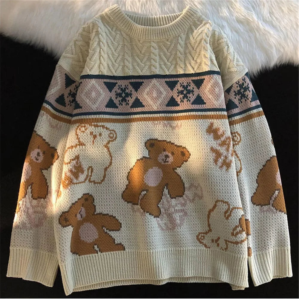 Women's Teddy Bear Print Crew Neck Jumper with Cable Detail - Cream