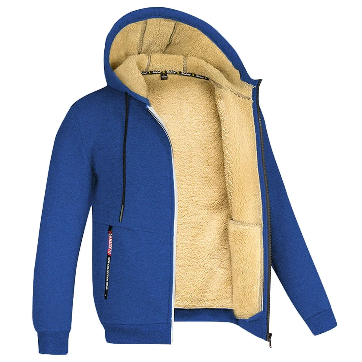Men's Plush Fleece Full-Zip Hoodie with Ribbed Hem - Blue