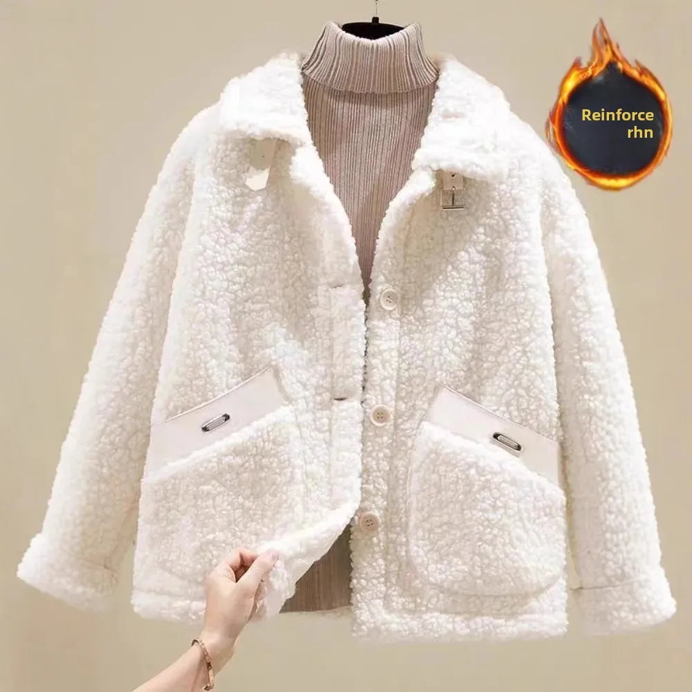 Women's Contrast-Trim Teddy Jacket with Buckled Aviator Collar - White