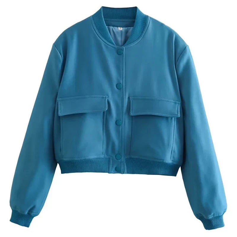Women's Easy-Fit Snap-Button Bomber with Ribbed Edges - Blue