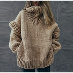 Women's Oversized Chunky Polo Neck Jumper with Ribbed Hem - Brown