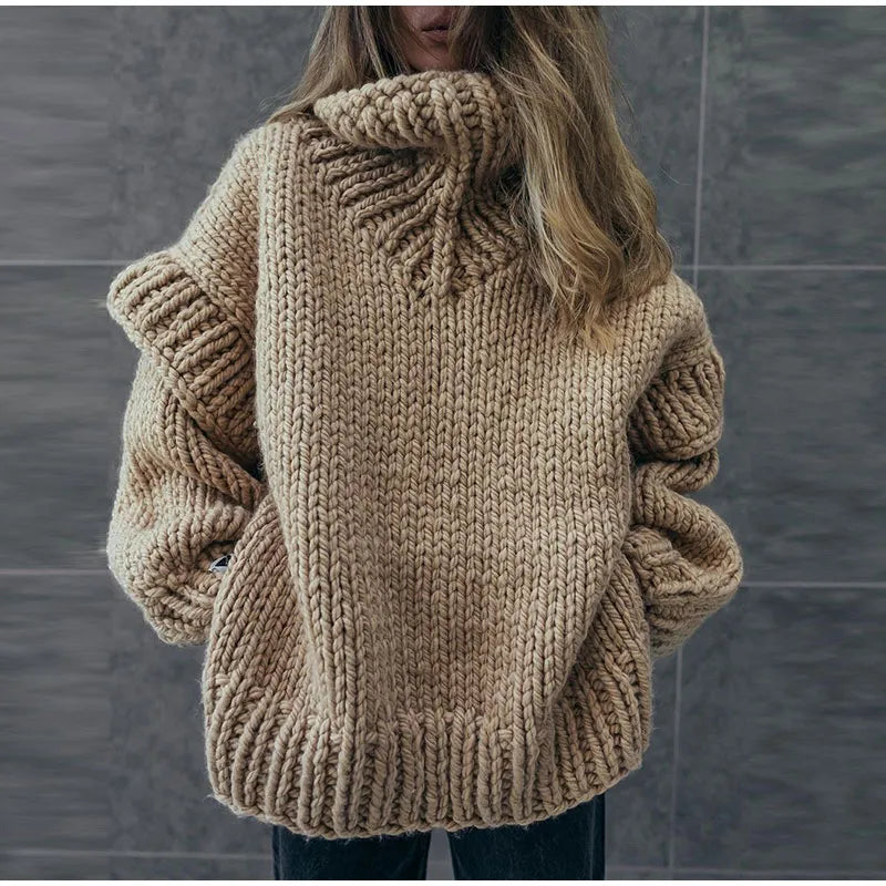 Women's Oversized Chunky Polo Neck Jumper with Ribbed Hem - Brown