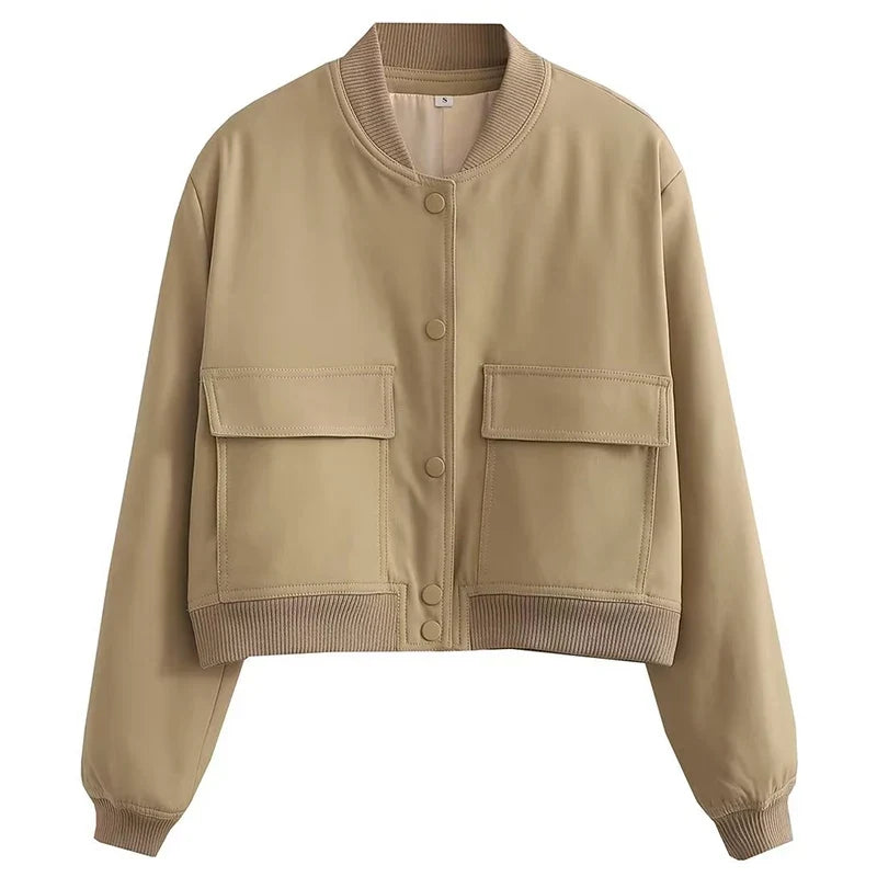 Women's Easy-Fit Snap-Button Bomber with Ribbed Edges - Khaki