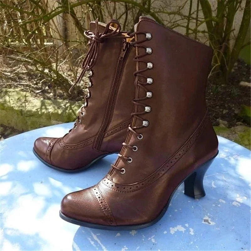 Women's Vintage Brogue-Toe Lace-Up Boots with Shaped Heel - Dark Brown