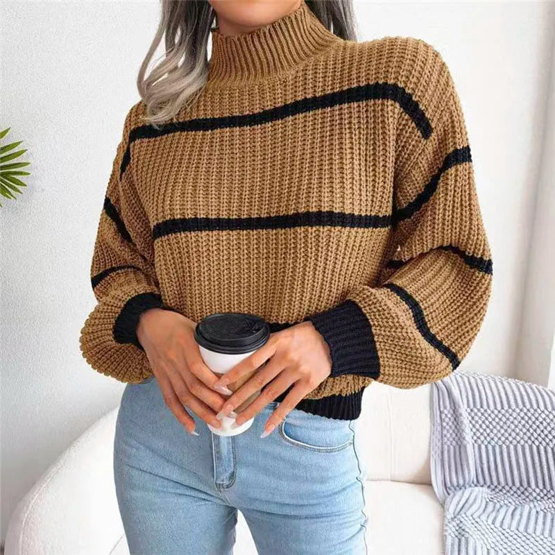 Women's Wide-Stripe High Neck Jumper in Chunky Soft Knit - Khaki