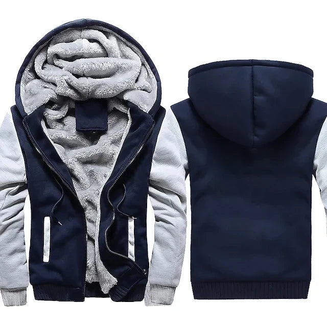 Men's Plush Fleece Full-Zip Hoodie with Ribbed Hem - Navy/Grey