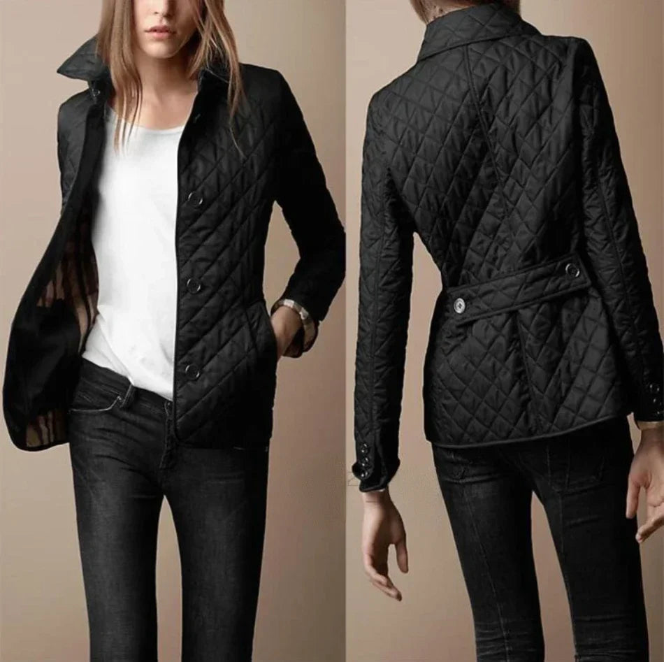 Women's Smart Diamond-Quilted Jacket with Crisp Collar - Black