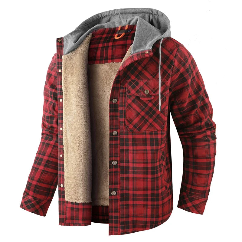 Men's Warm Bold-Check Hooded Shirt Jacket with Chest Pocket - Red