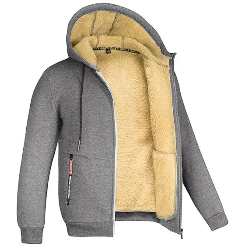 Men's Plush Fleece Full-Zip Hoodie with Ribbed Hem - Grey