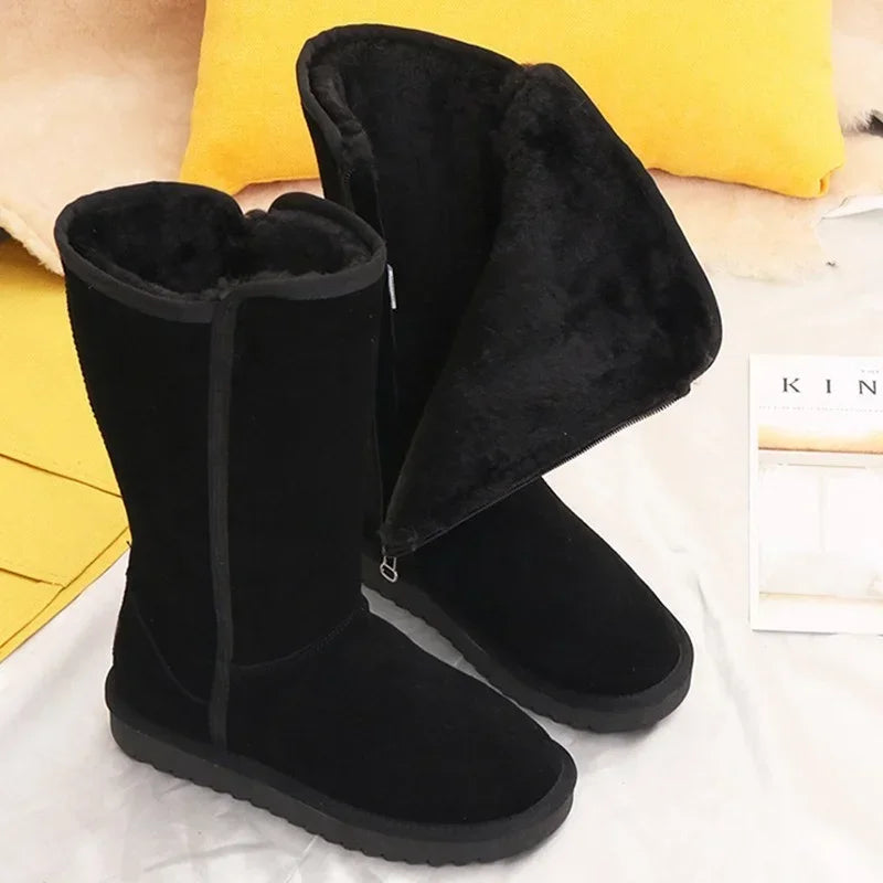Women's Genuine Leather Knee-High Boots with Fur Lining and Flat Sole - Black