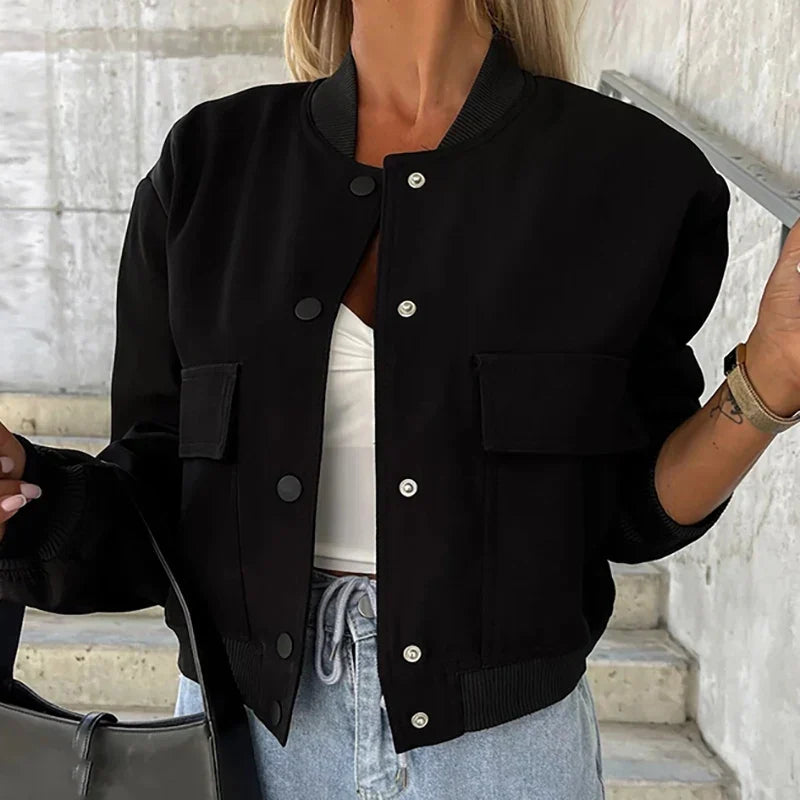 Women's Easy-Fit Snap-Button Bomber with Ribbed Edges
