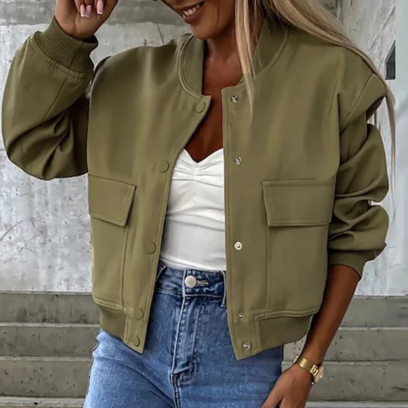 Women's Easy-Fit Snap-Button Bomber with Ribbed Edges