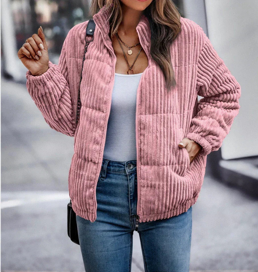 Women's Bold-Rib Corduroy Jacket with Elastic Gathered Cuffs - Light Pink
