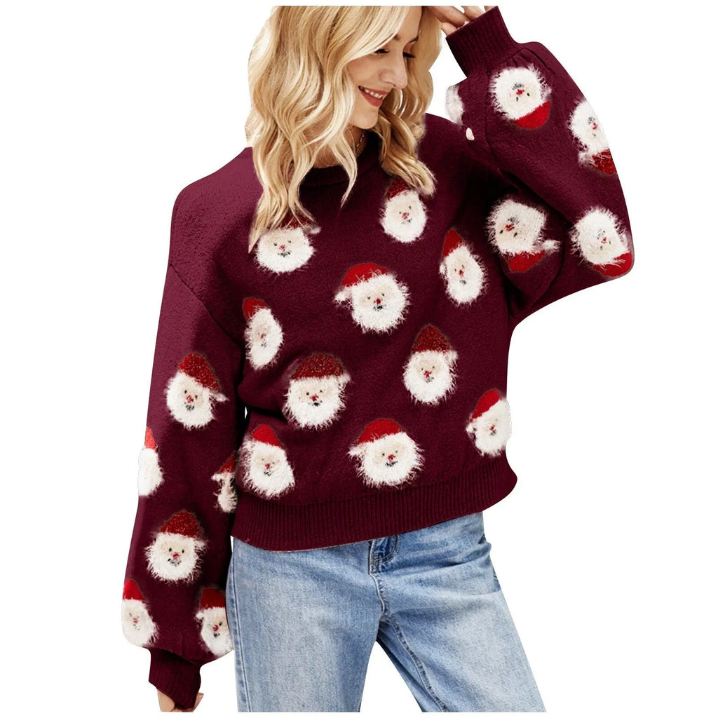Women's Relaxed Christmas Print Knit Jumper for the Holidays - Wine Red