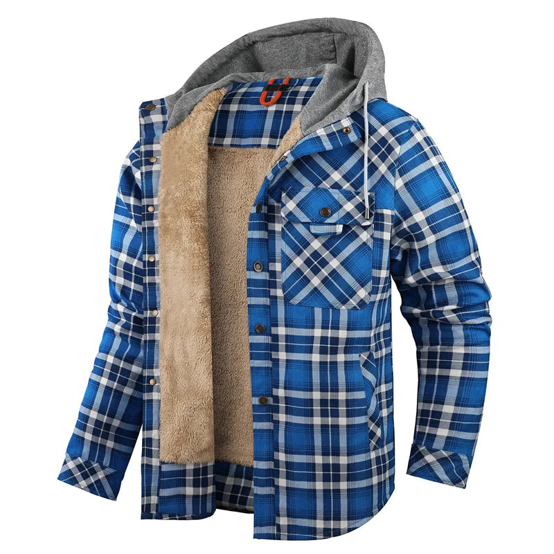 Men's Warm Bold-Check Hooded Shirt Jacket with Chest Pocket - Blue