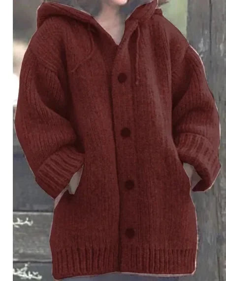 Women's Oversized Dropped-Shoulder Hooded Cardigan in Chunky Knit - Wine Red