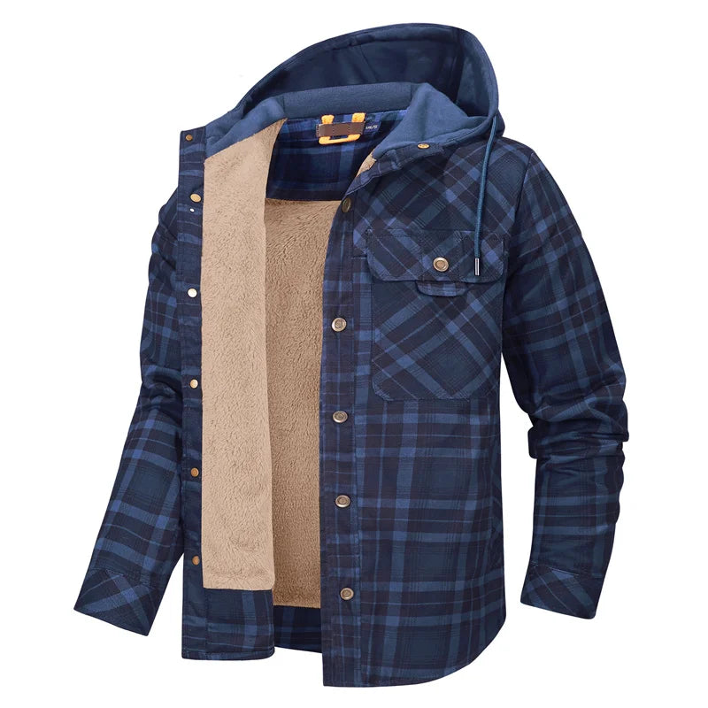 Men's Warm Bold-Check Hooded Shirt Jacket with Chest Pocket - Navy Blue