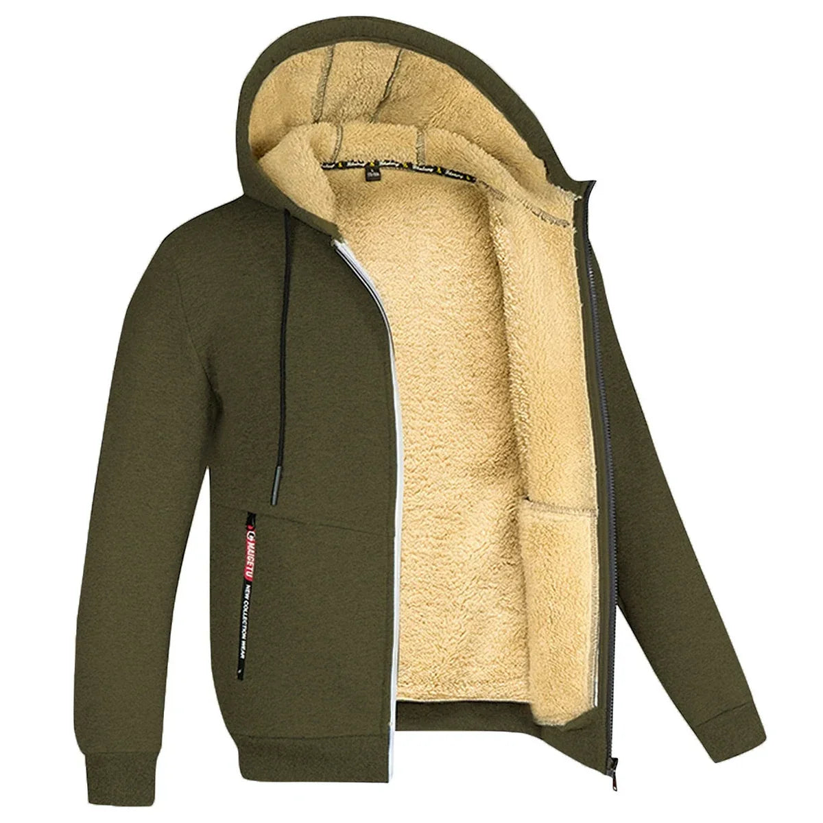 Men's Plush Fleece Full-Zip Hoodie with Ribbed Hem - Olive Green